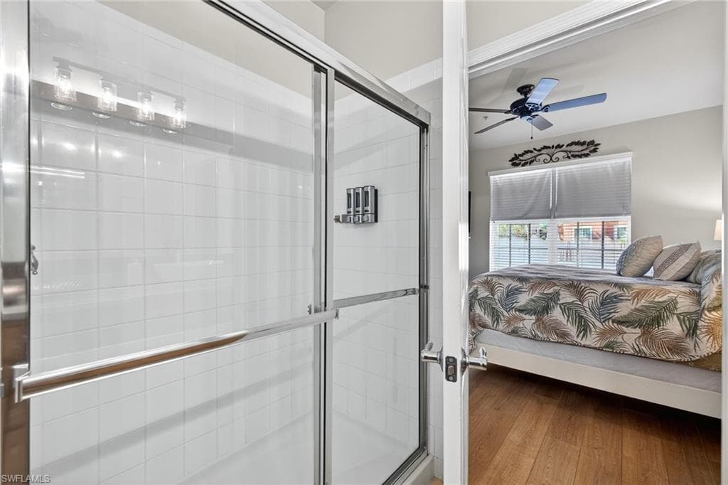 Large walk-in shower and spacious closet.