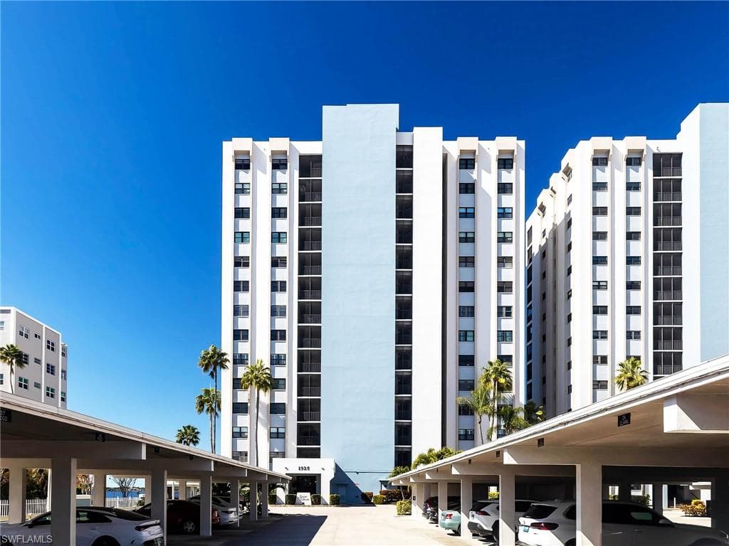 Exterior view of Sunset Royale and the owners' covered parking