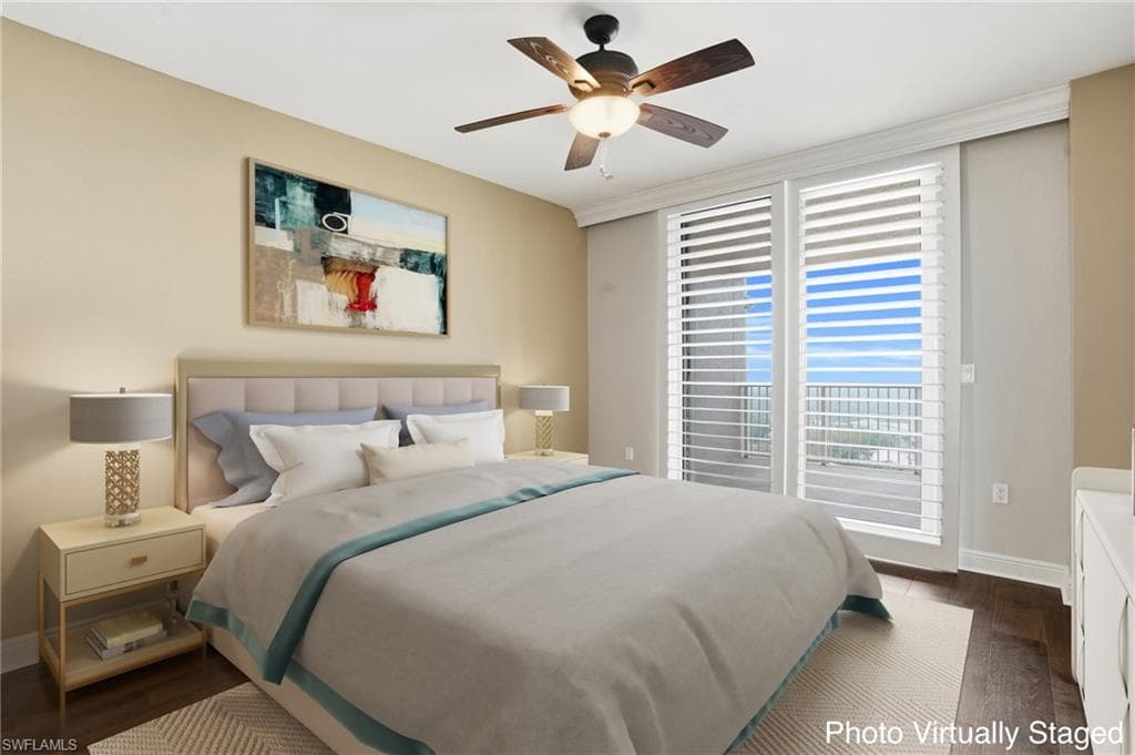 Virtually Staged 2nd bedroom featuring hard wood flooring, ceiling fan, and a closet