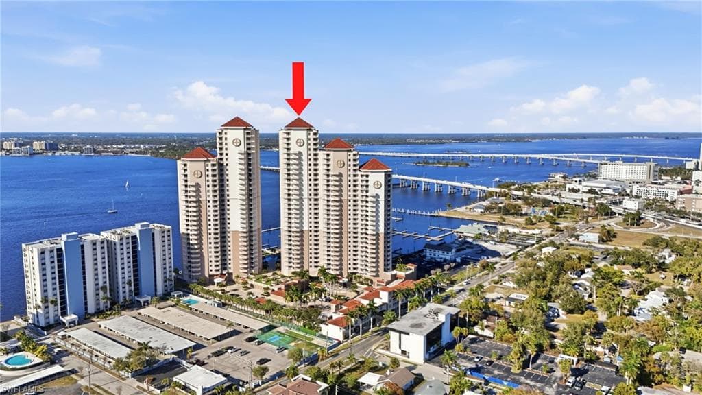 Highlight of building exterior with a water view