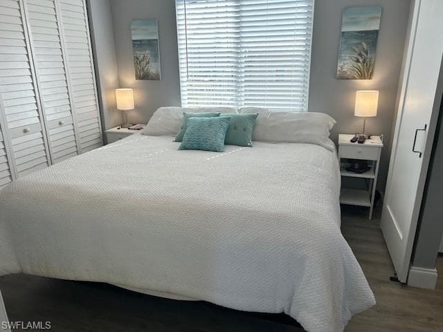 Bedroom featuring a closet and grey wood-style flooring