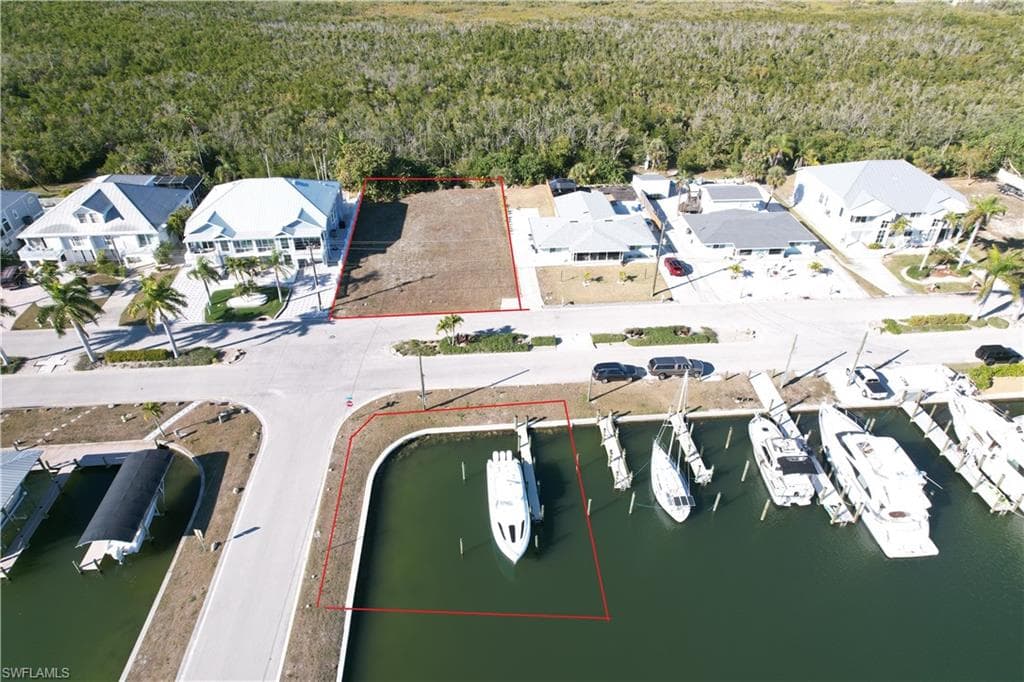 Aerial view boundary lines lot and boat slips