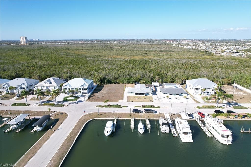 Aerial view boat slips and lot