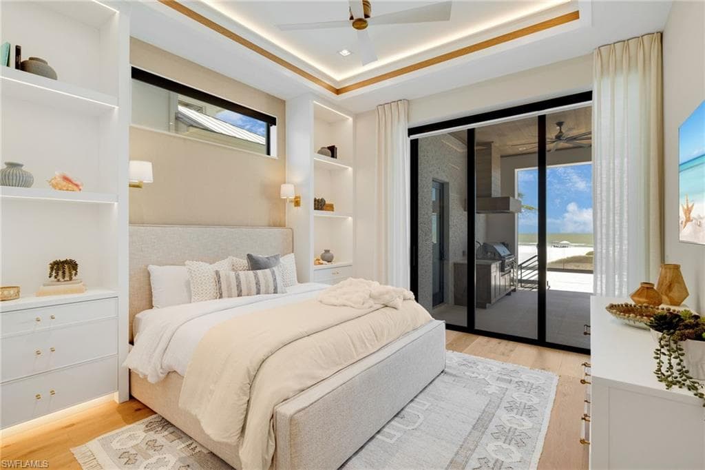 Bedroom with gulf views and custom cabinetry