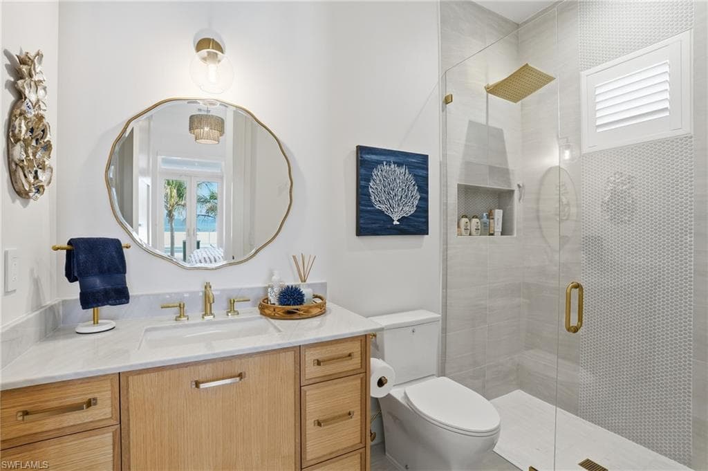 Bathroom with vanity and a shower stall - Virtually Edited Image
