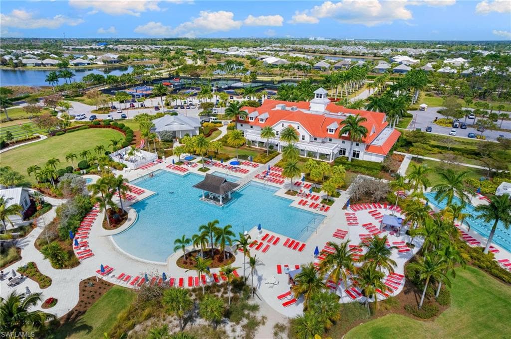 Drone / aerial view of a pool area
