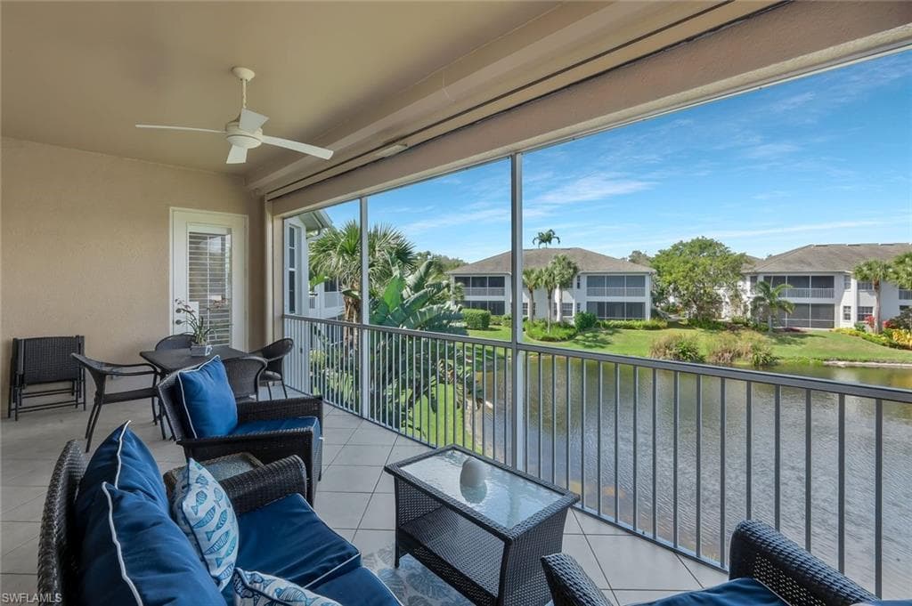 Screened lanai equipped with storm shutters for added protection and peace of mind.