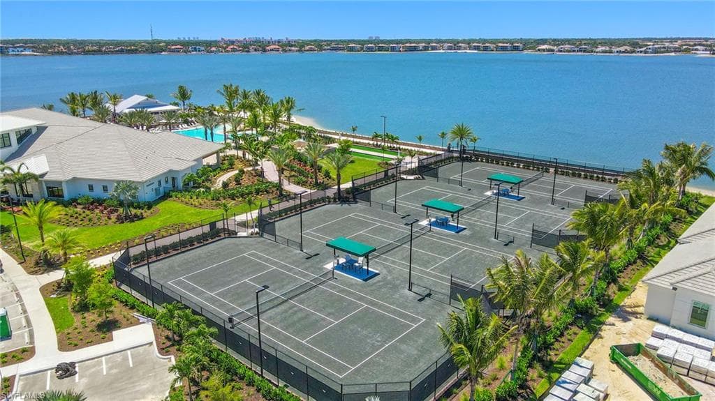 Bird's eye view of a large body of water and a pool area