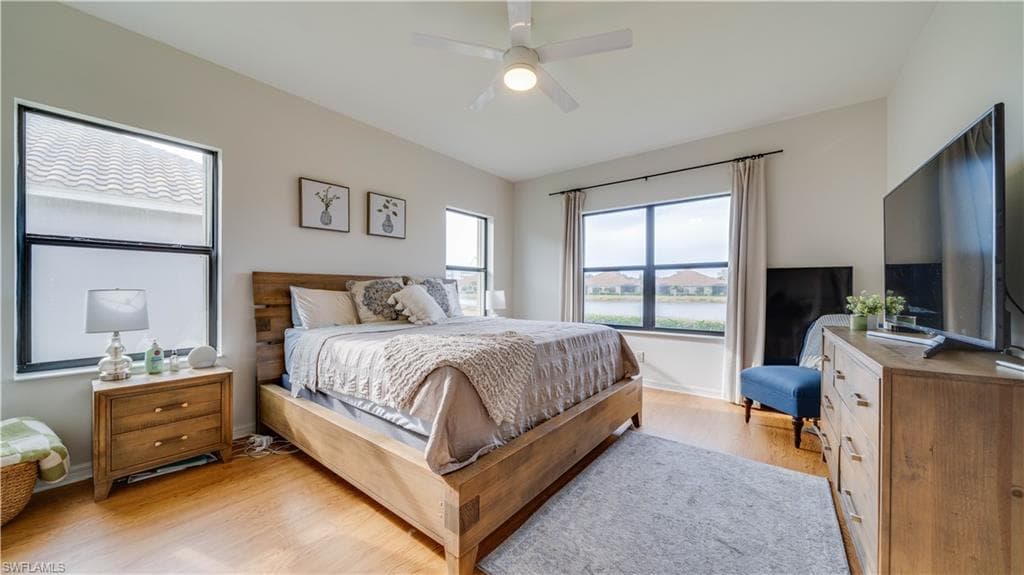 Bedroom featuring light wood finished floors and ceiling fan