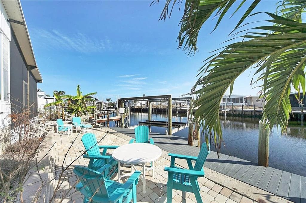 Dock with a water view and a patio area