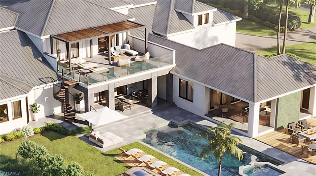Rendering close up of the dramatic 2nd floor, glass-lined sun deck flanked by a lit spiral staircase