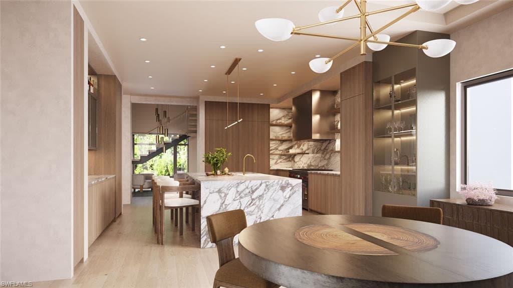 Rendering of kitchen and dining room with gourmet appliance package and hidden butler's pantry