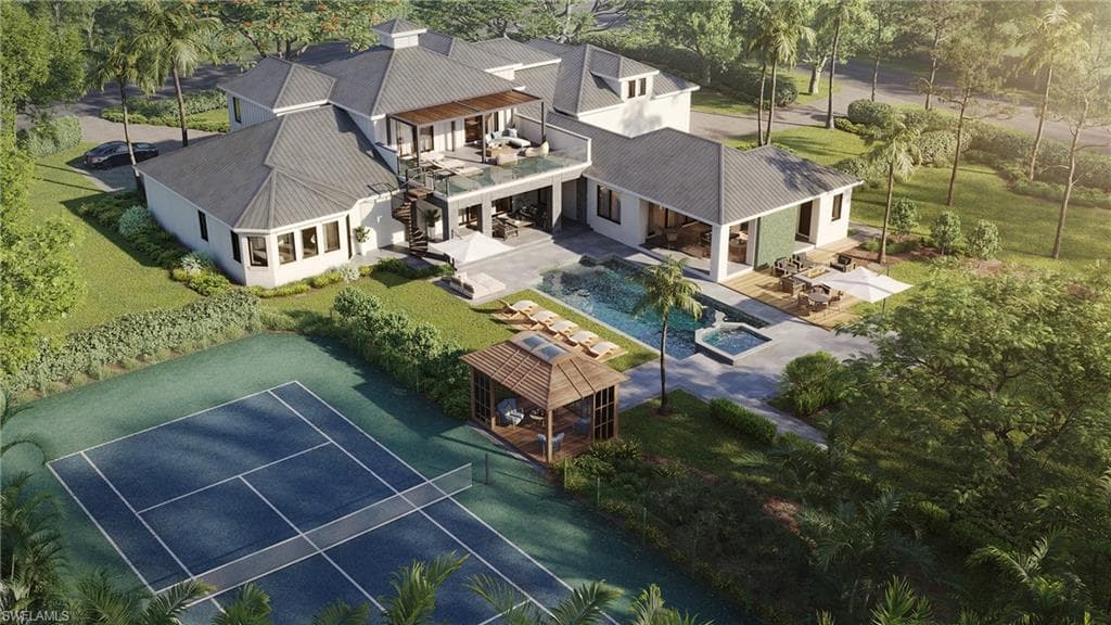 Rendering of property featuring a pool, spa, tennis court, water feature wall, fire pit, and beautiful, lush landscaping