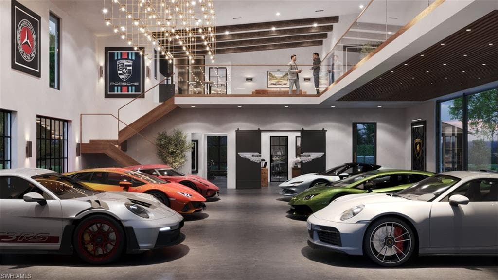 OPTIONAL 12-Car Collector's Retreat rendering with office, gym, sauna, bar, living room, ensuite bedroom