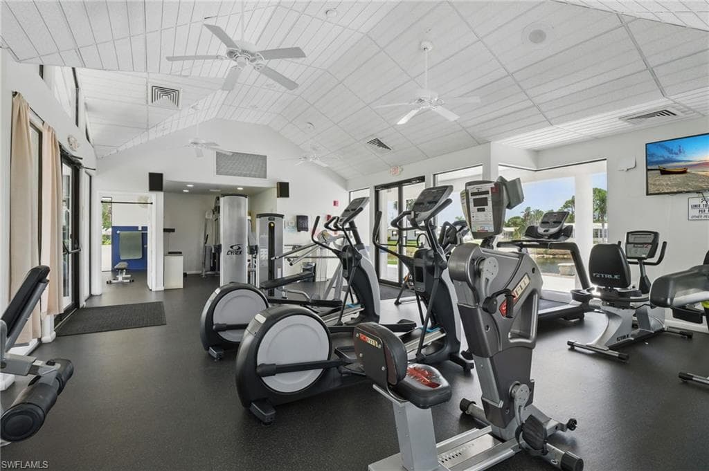 Exercise room with lofted ceiling
