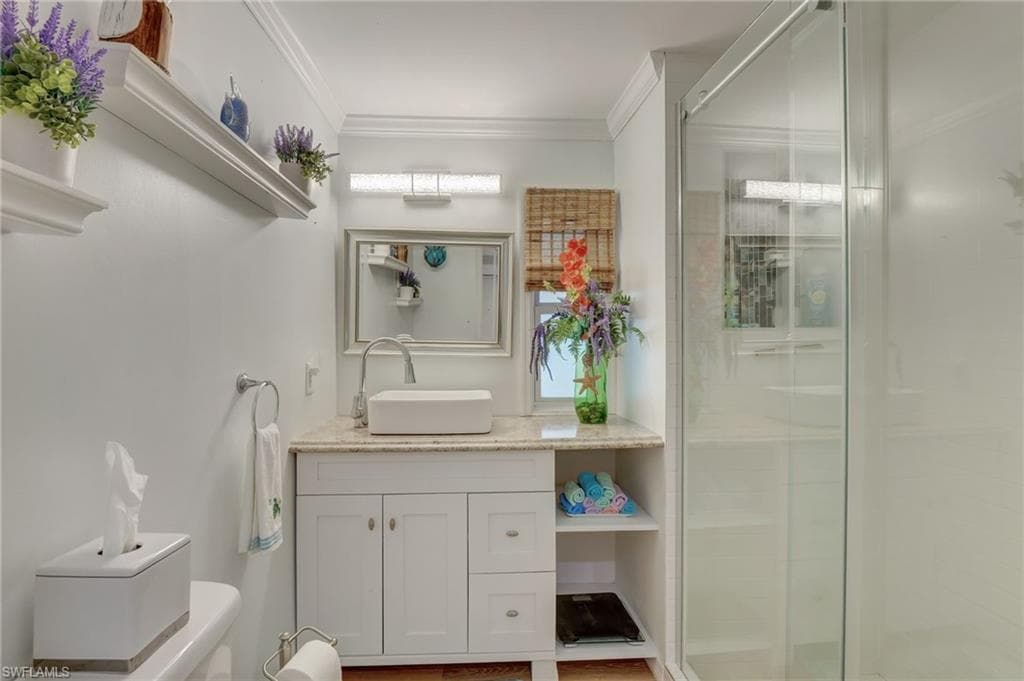 Full bathroom with vanity, ornamental molding, and a stall shower