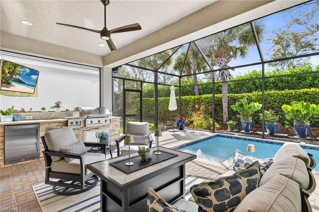 Motorized screens on rear of home means you don't have to bring outdoor furniture inside!