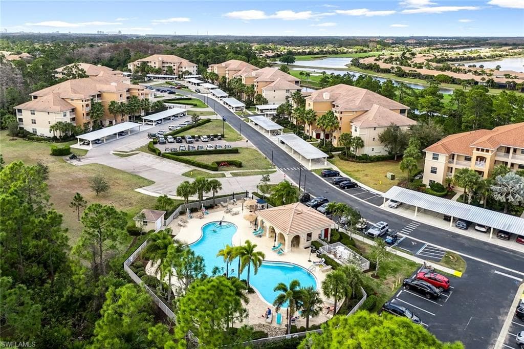 Bird's eye view of a large body of water and a pool