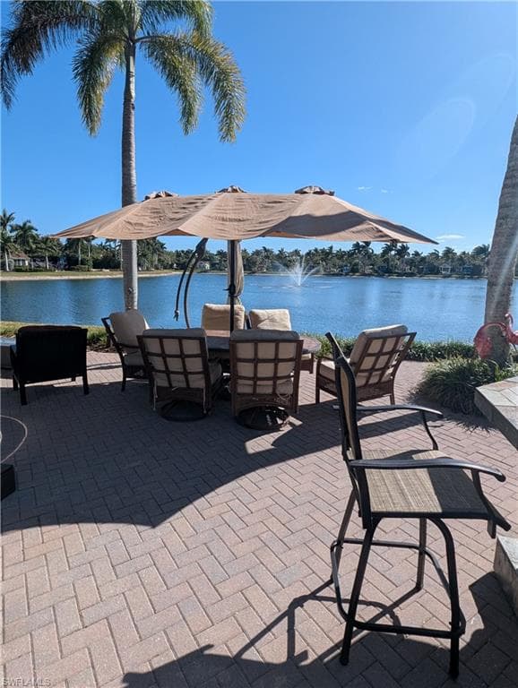 View of patio with a water view