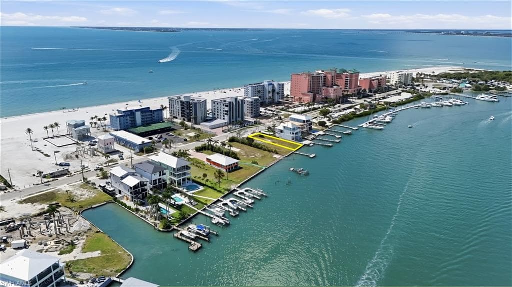 Aerial view of a nearby body of water and numerous boat docks - Virtually Edited Image