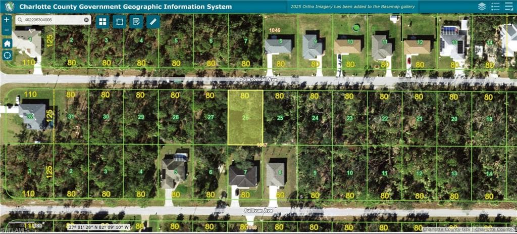 Aerial map of property and surrounding area featuring property parcel outlined