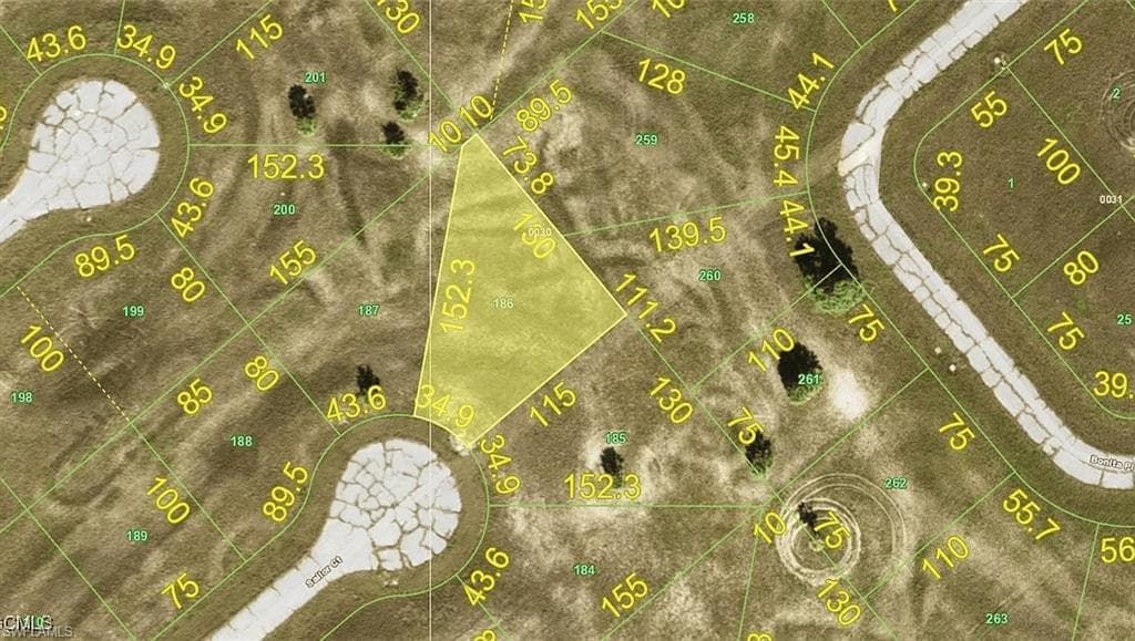 Aerial overview of property's location featuring property parcel outlined