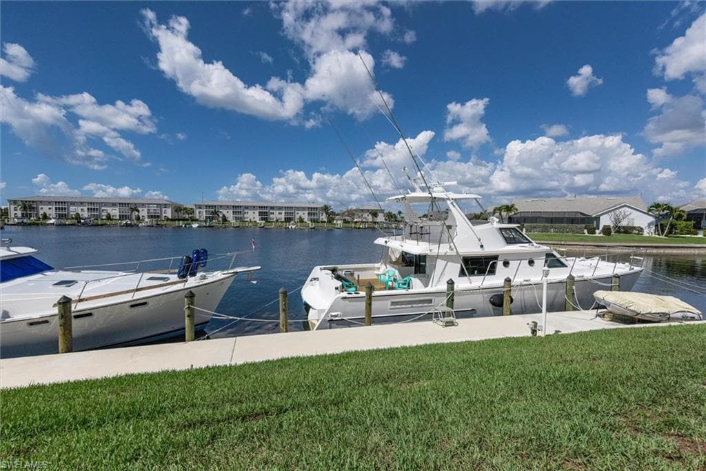 Dock featuring a yard and a water view