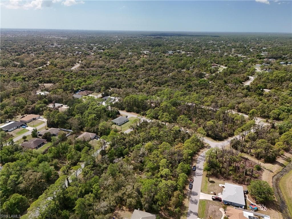 Aerial view of residential area featuring a forest