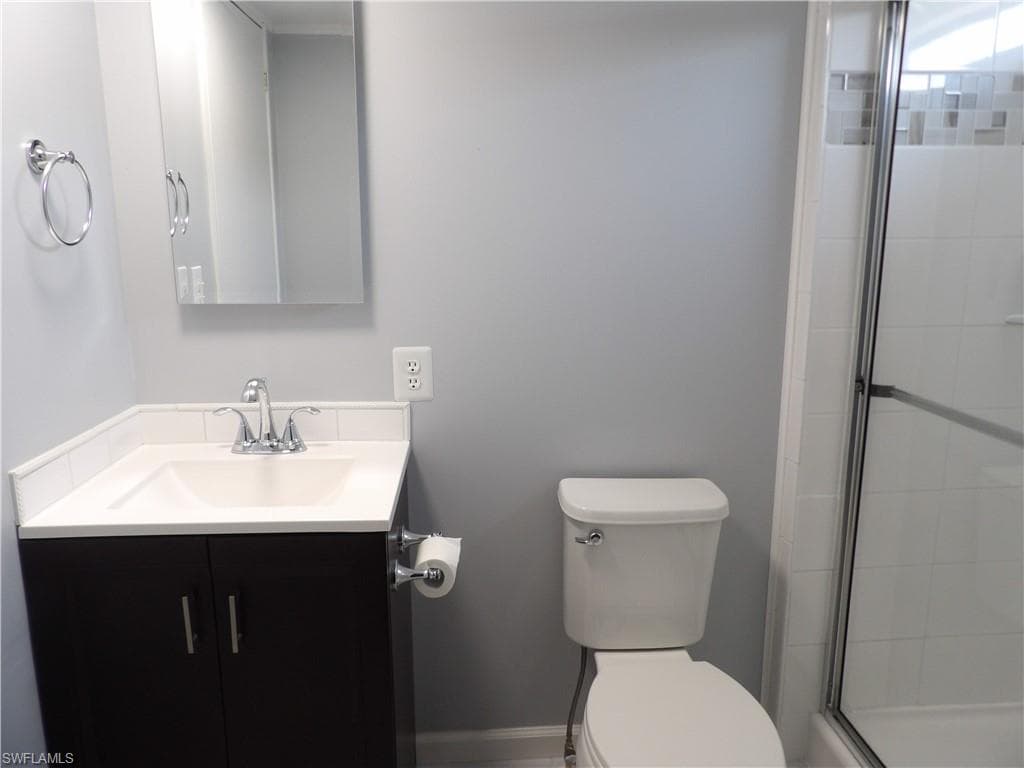 Full bath featuring vanity and a stall shower