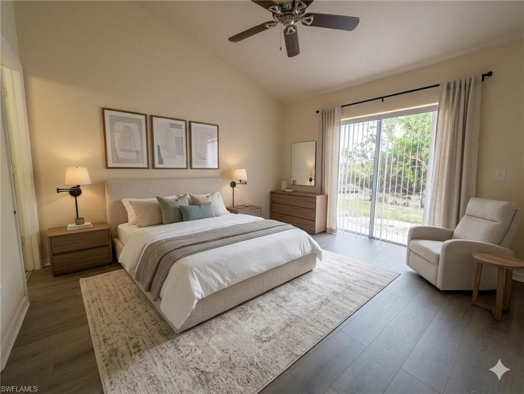 Bedroom with wood-type flooring, vaulted ceiling, access to exterior, and ceiling fan
