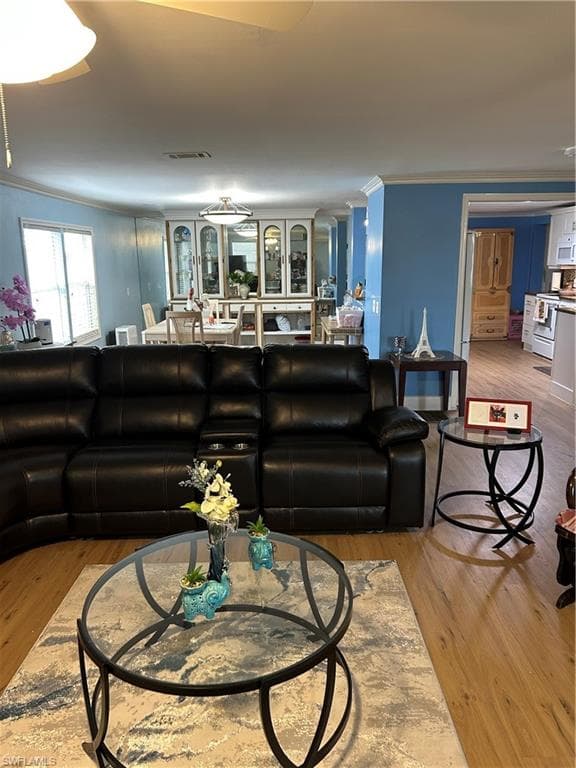 Living area featuring ornamental molding and light wood finished floors