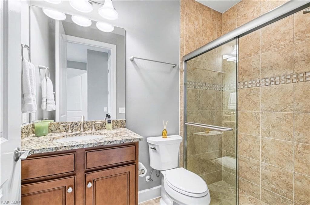 Full bathroom with vanity and a shower stall