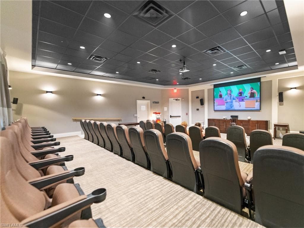 Cinema featuring carpet flooring and a paneled ceiling