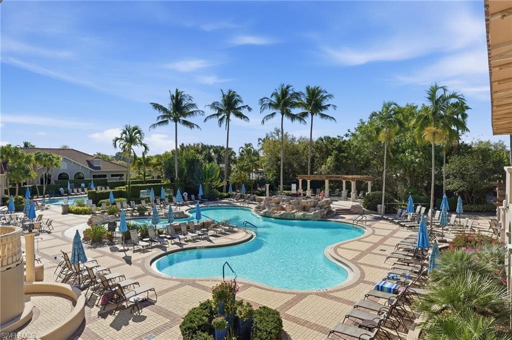Community pool featuring a patio