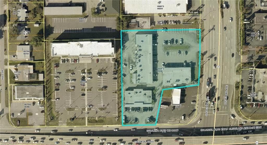 Aerial overview of property's location with property parcel outlined