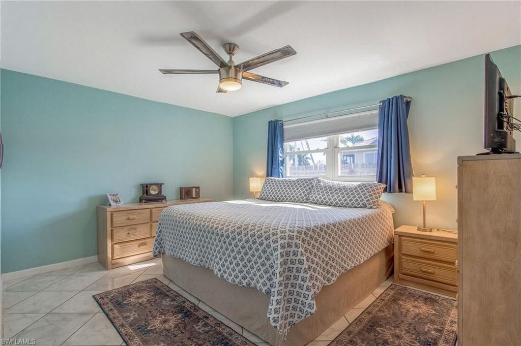 Bedroom featuring ceiling fan and baseboards