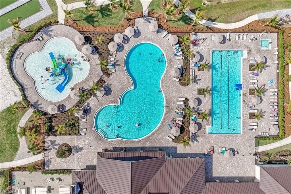 Bird's eye view of lap pool, family pool splash pad area
