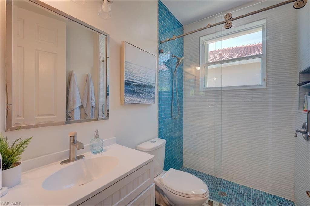 Full bath with vanity and a stall shower