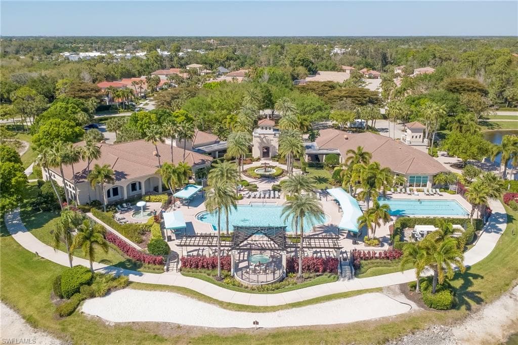 Drone / aerial view of a pool area