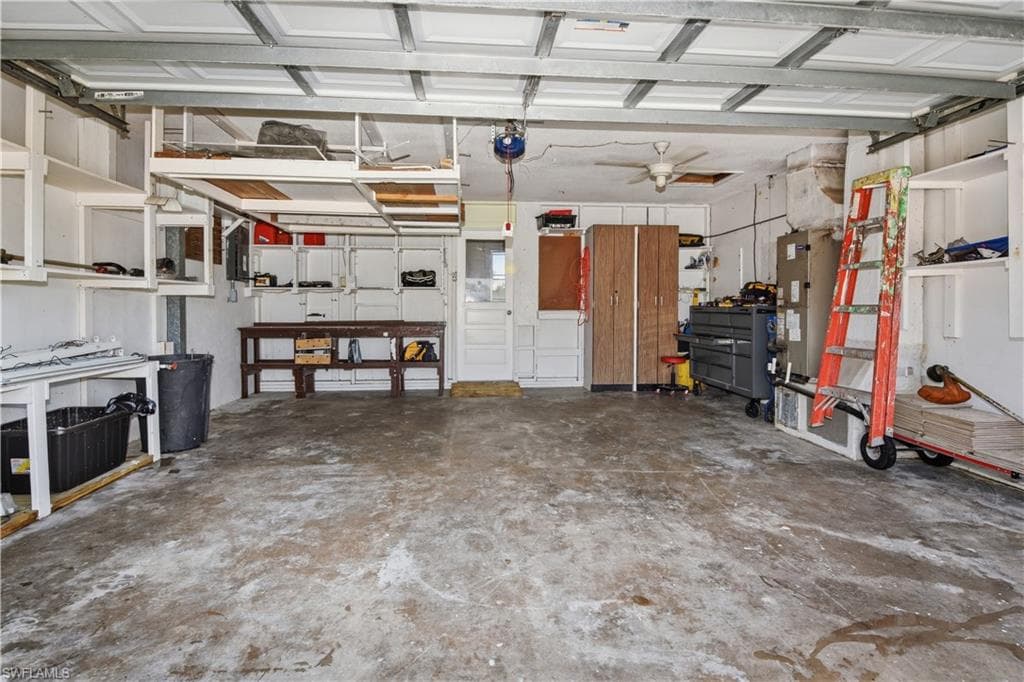 Garage with a ceiling fan