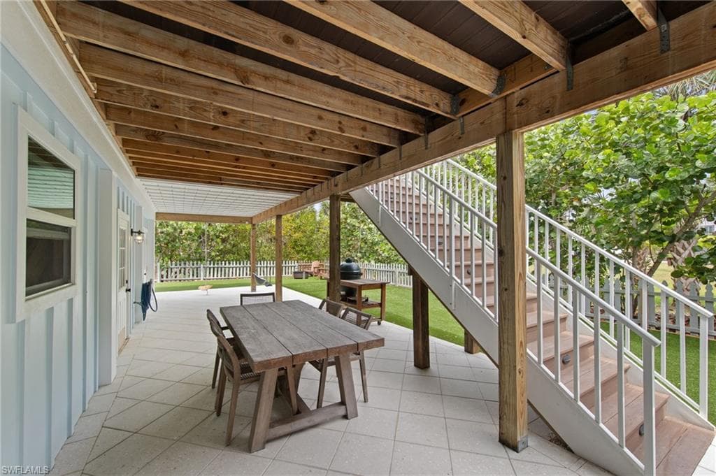 Fenced backyard featuring a patio and outdoor dining area