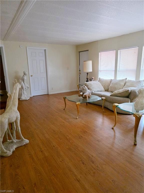 Living area featuring wood finished floors and a textured ceiling