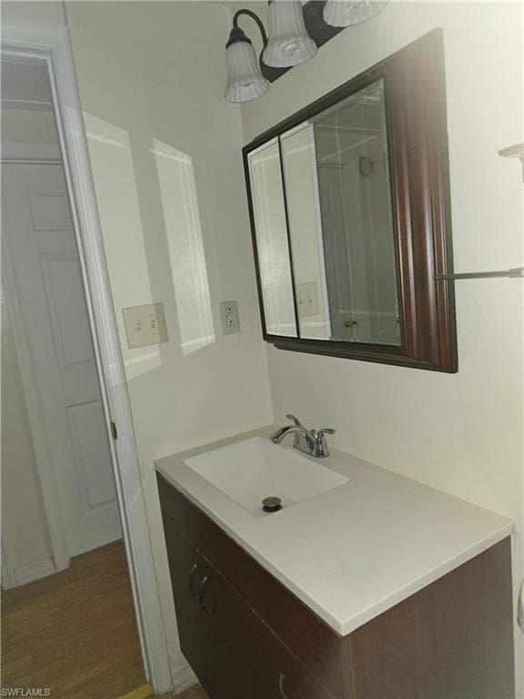 Bathroom featuring vanity and wood finished floors
