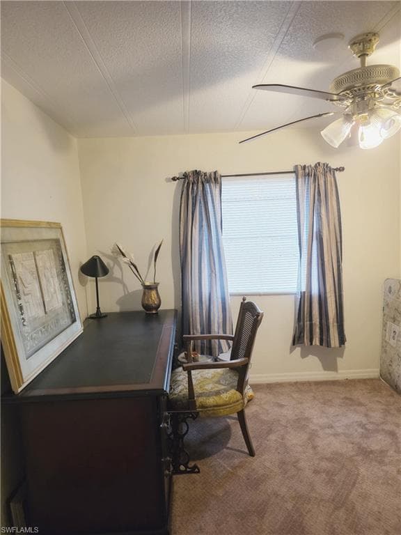 Carpeted office with a ceiling fan and a textured ceiling