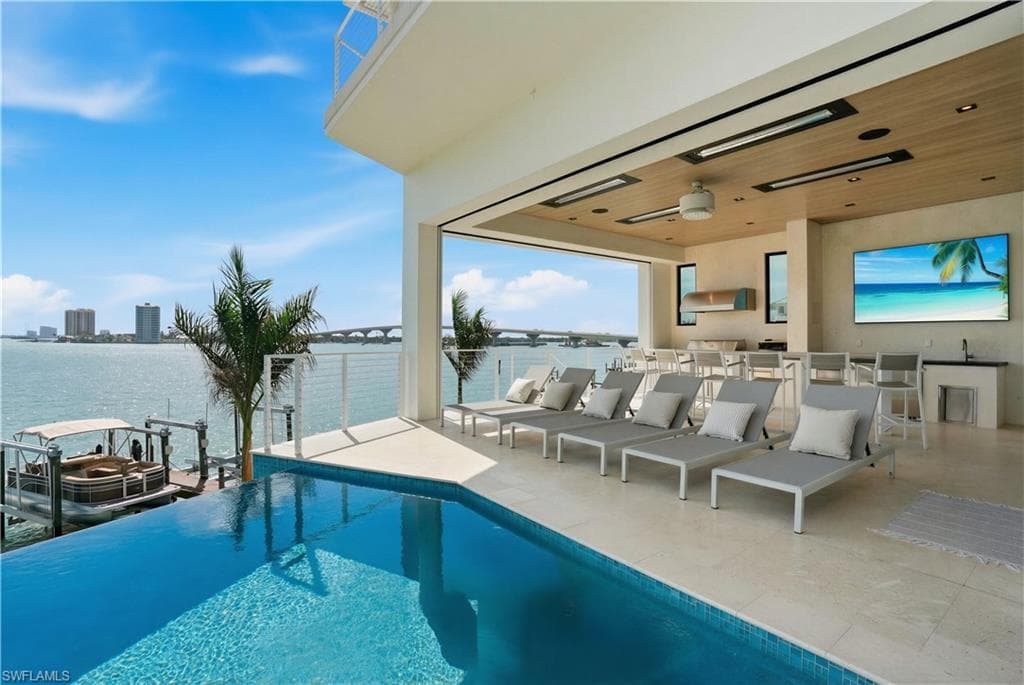 View of swimming pool with an infinity pool, exterior bar, grilling area, and a water view - Virtually Edited Image