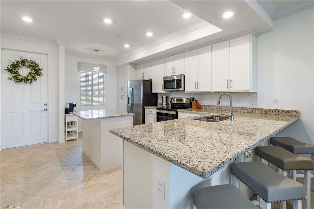 The cabinets are stocked with dishes, glassware, pots & pans, bakeware.....everything you need to prepare a snack or a meal. Great News: Everything Stays!