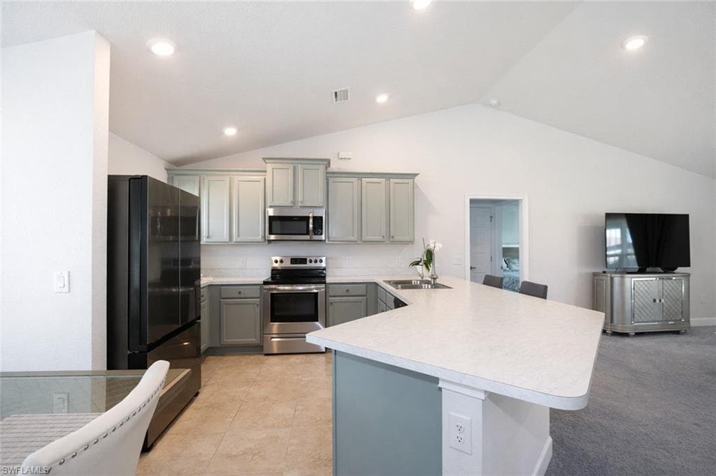 The kitchen features a U-shaped countertop, gray shaker style cabinetry, and stainless steel appliances