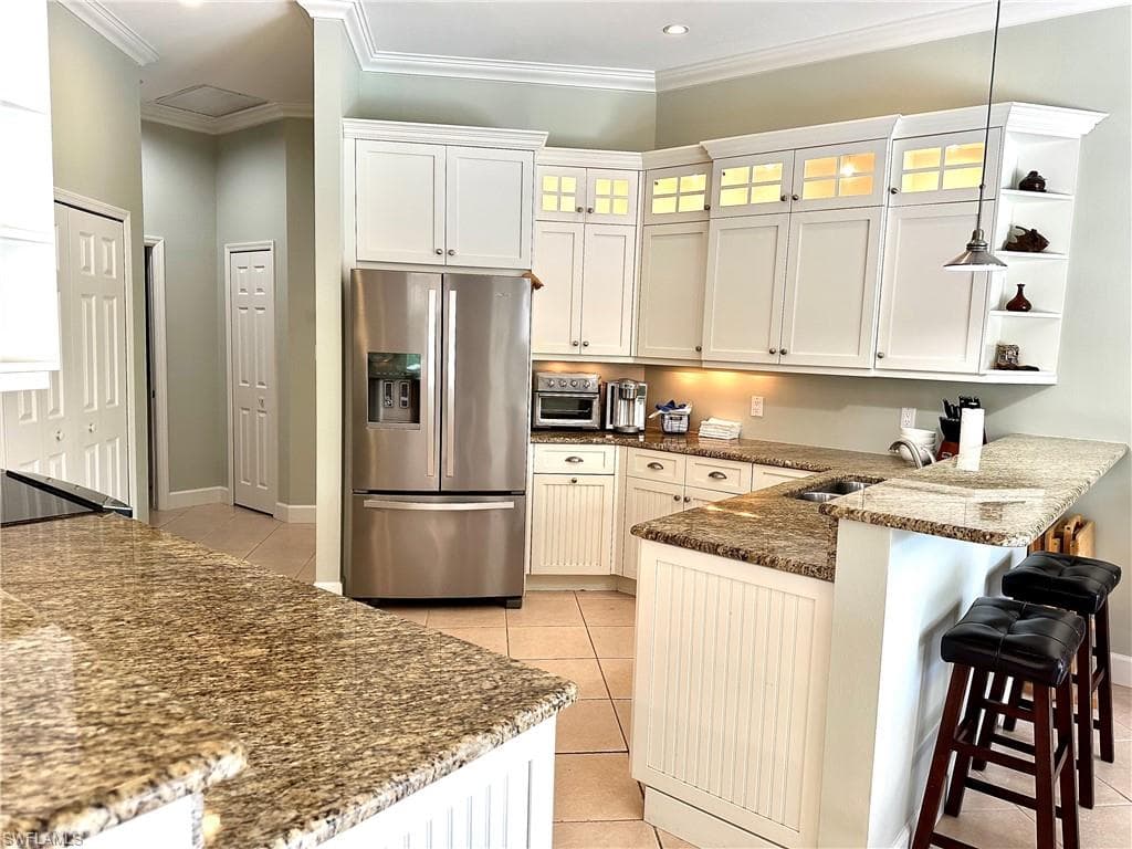 The updated kitchen is modern and has lots of counter space.
