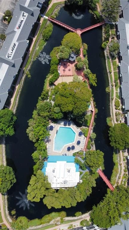 Aerial view of the property's surroundings, featuring a swimming pool, shaded seating areas, a multi-section bridge, and a water feature