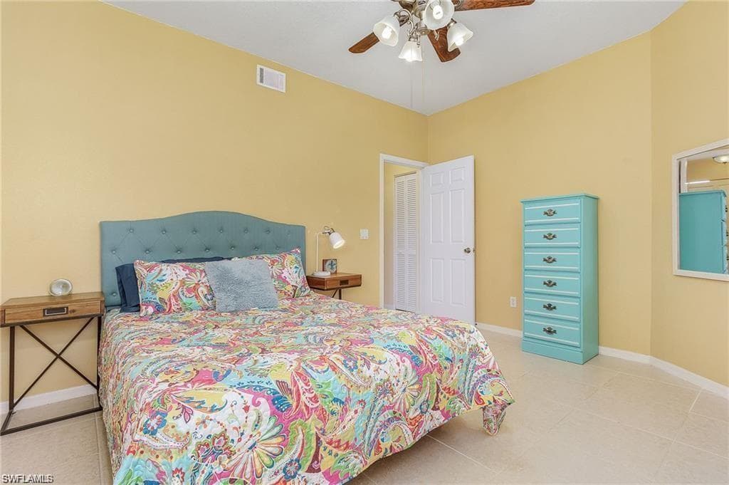 Bedroom featuring visible vents, a ceiling fan, and baseboards